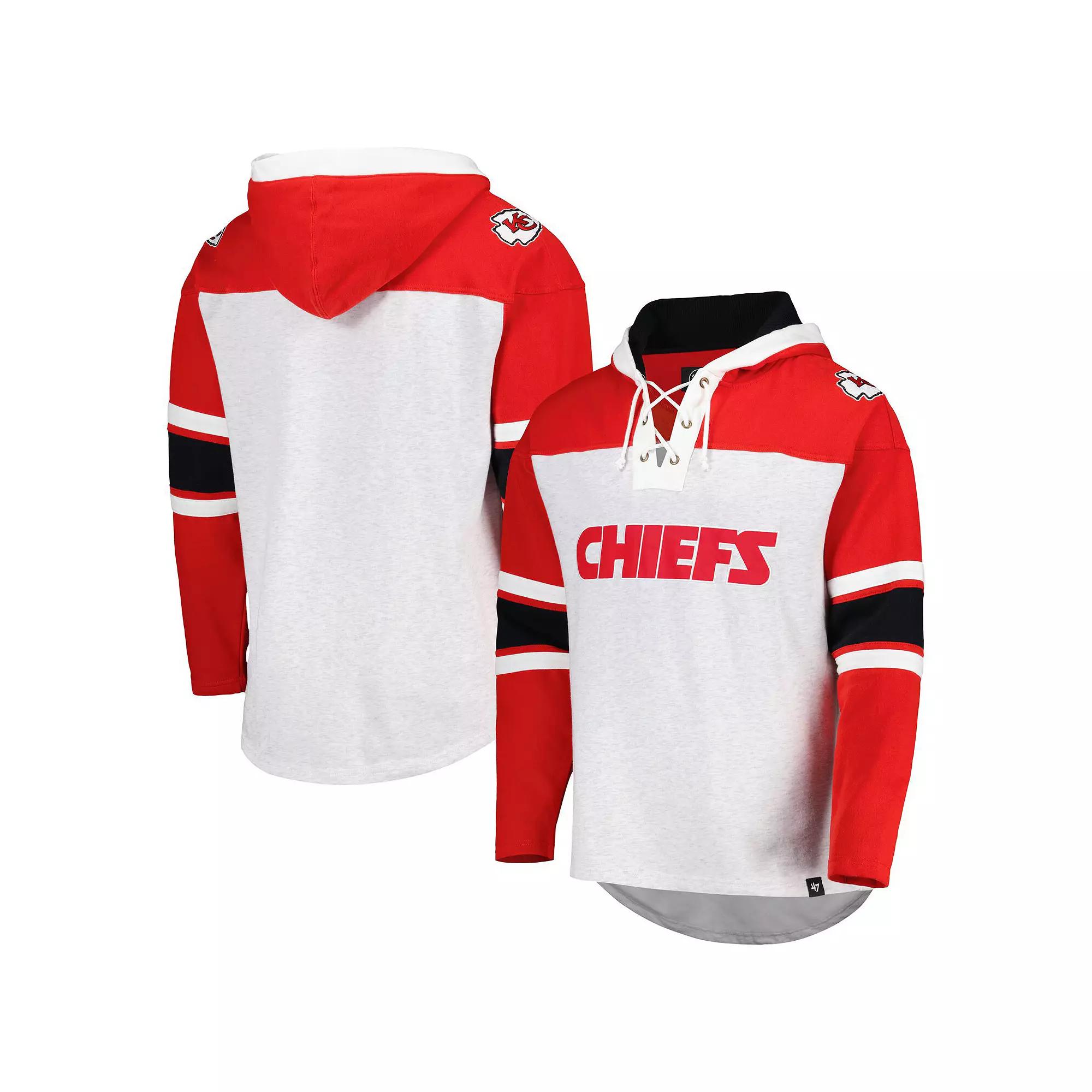 Men's '47 Kansas City Chiefs Heather Gray Gridiron Lace-Up Pullover Hoodie, Size: Medium, Grey Product Image