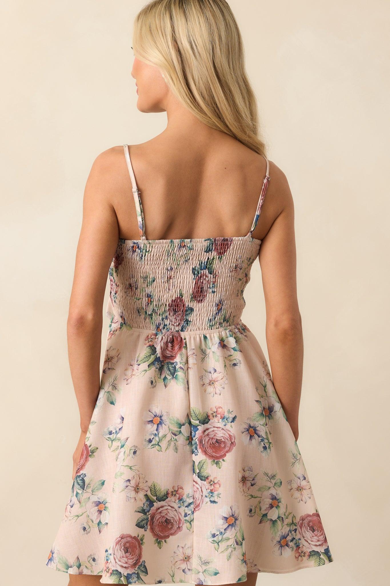 Swept Me Off My Feet Beige Multi Floral Tie Front Mini Dress Product Image