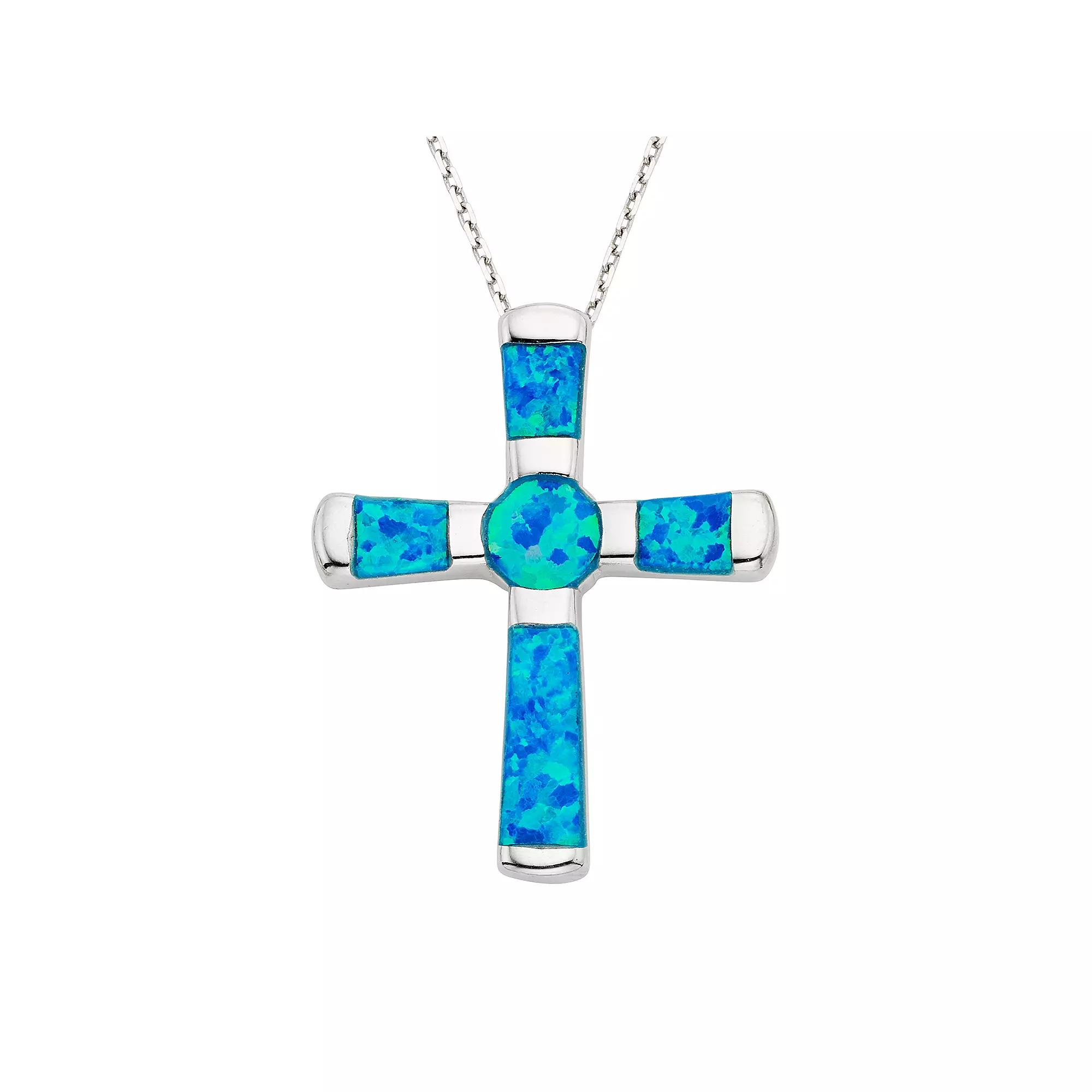 Lab-Created Blue Opal Sterling Silver Cross Pendant Necklace, Women's, Size: 18" Product Image