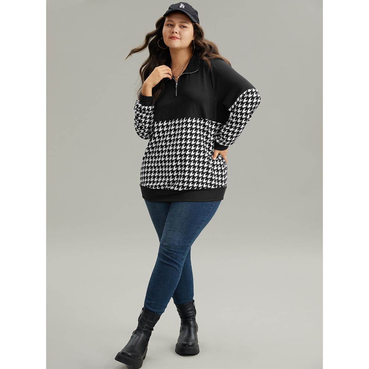 Plus Size Houndstooth Patchwork Half Zip Sweatshirt Women Black Casual Elastic cuffs Polo Dailywear Sweatshirts BloomChic 26/4X Product Image