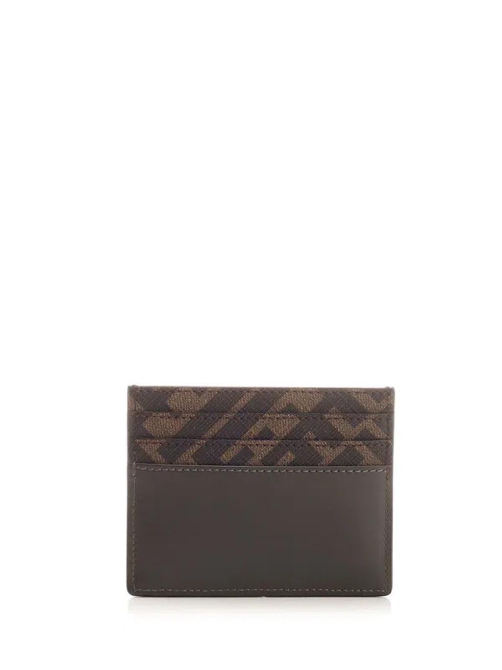 FENDI Brown Card-holder With Squared Ff Motif In Leather And Ff Canvas Man In Ebony Product Image