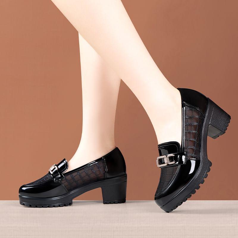 Platform Patent Leather Panel Mesh Block Heel Loafers Product Image