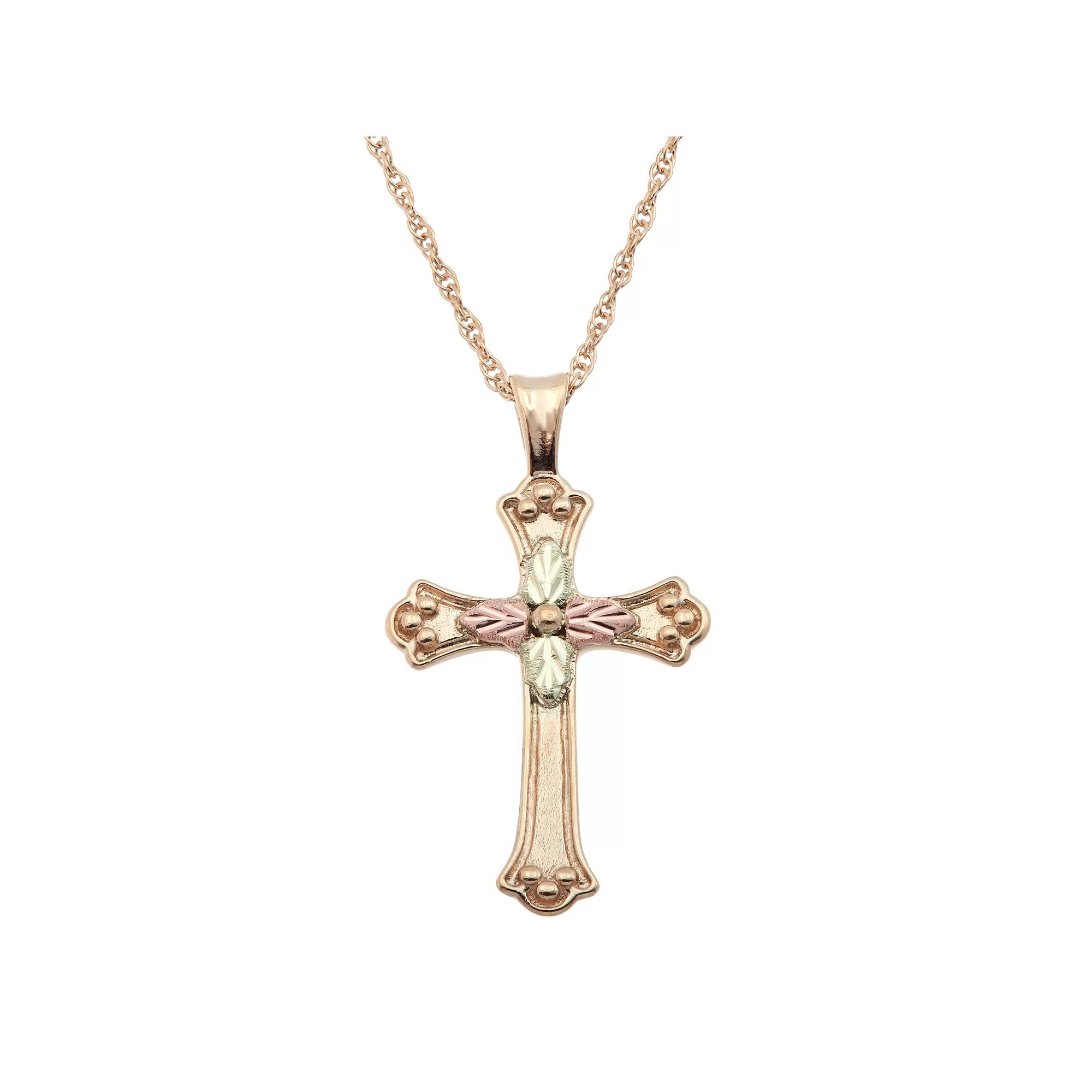 Black Hills Gold Tri Tone Flower Cross Pendant Necklace, Women's, Size: 18", 10k Gold Product Image