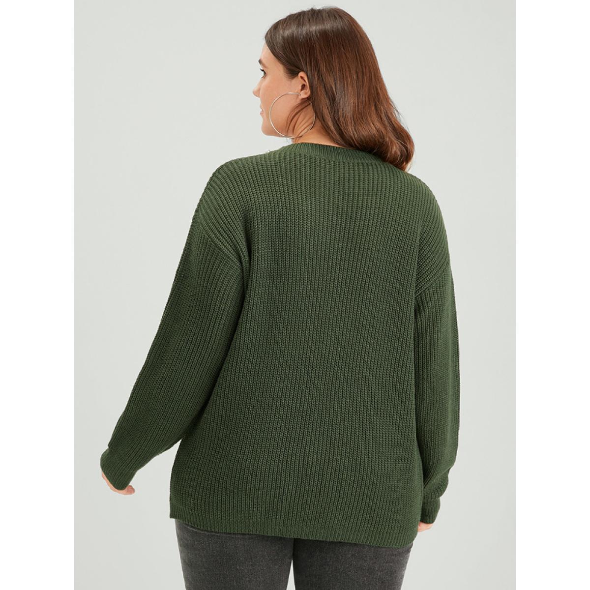 Plus Size Plain Pointelle Knit Pearl Beaded Neck Cable Knit Top ArmyGreen Women Casual Loose Long Sleeve V-neck Dailywear Pullovers BloomChic 10/M Product Image