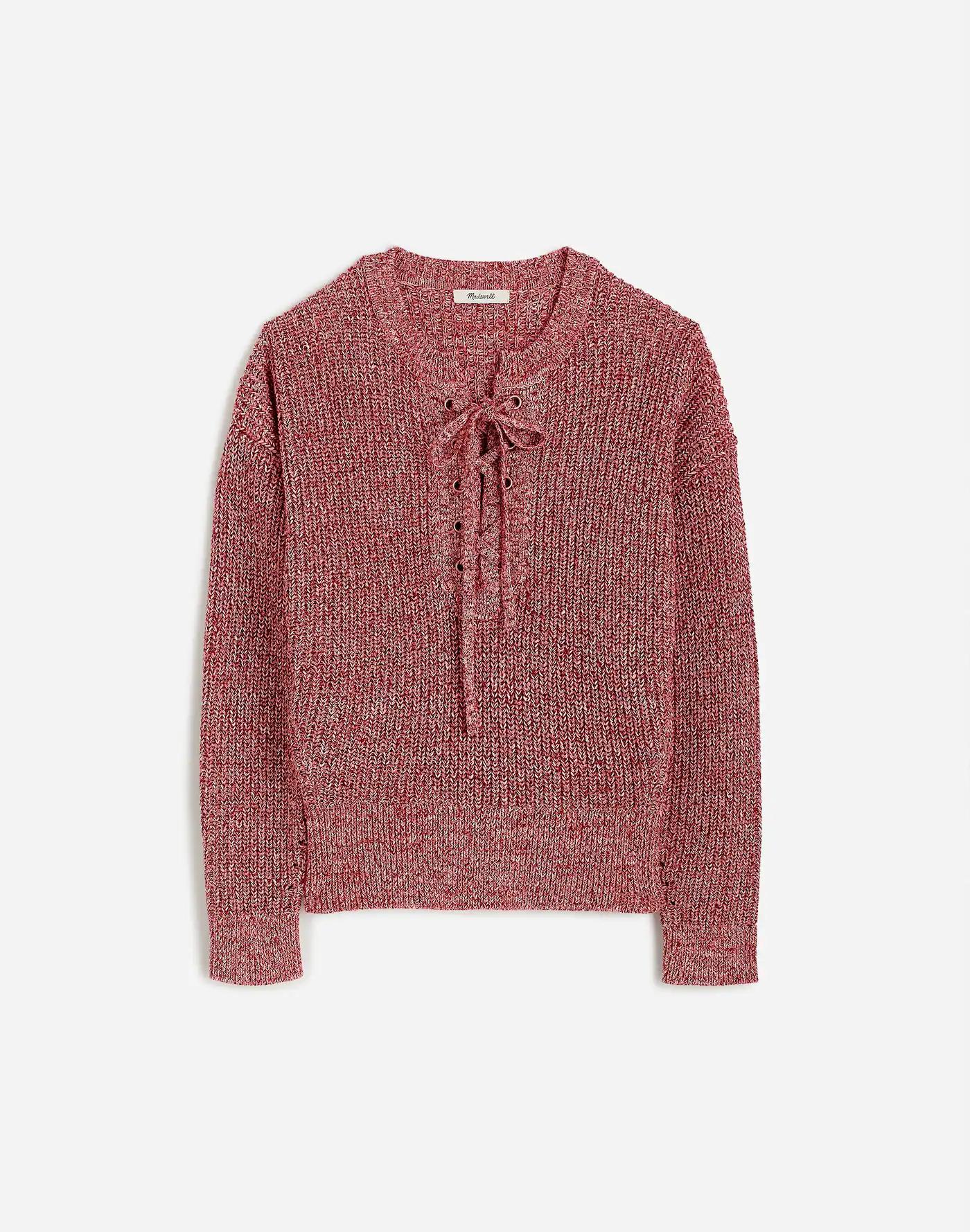 Marled Ribbed Lace-Up Sweater Product Image