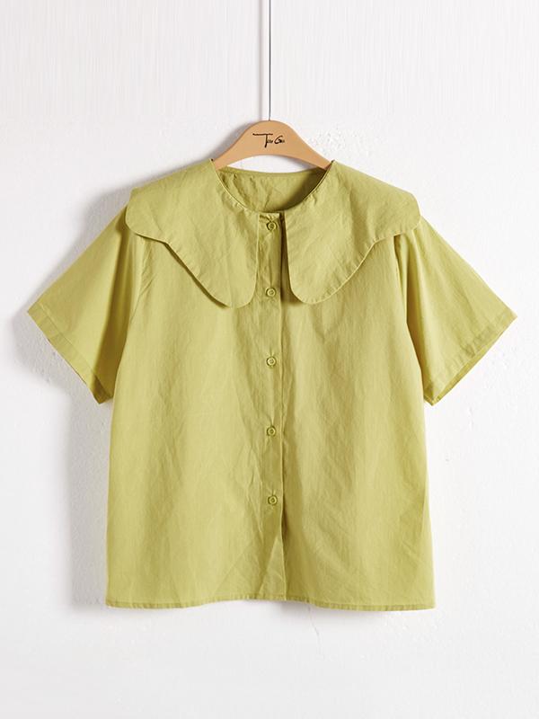 Loose Short Sleeves Solid Color Split-Joint Peter Pan Collar Blouses&Shirts Tops Product Image