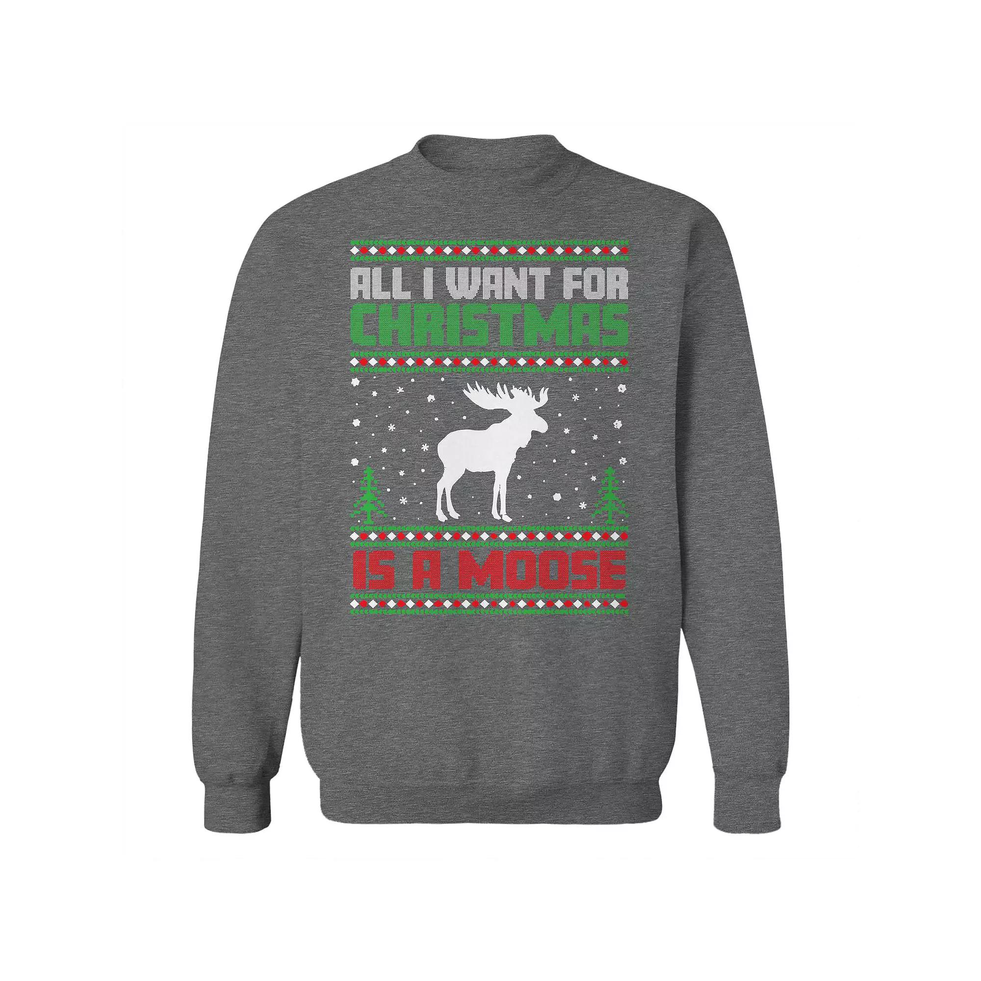 Men's Ugly Christmas Sweater Moose Graphic Sweatshirt, Size: Small, Grey Heather Product Image