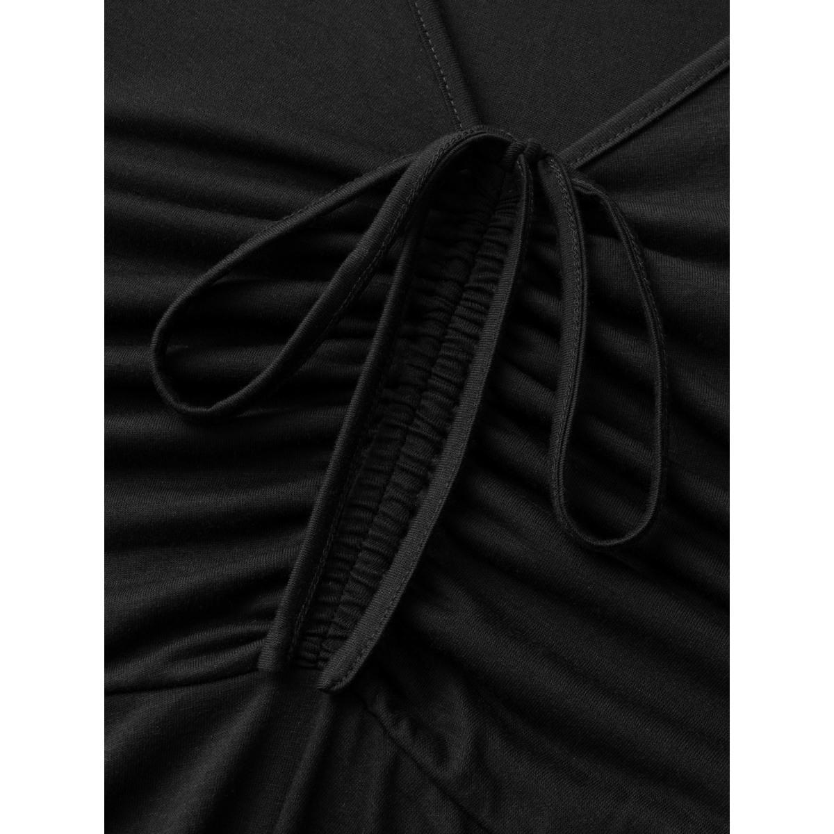 Plus Size Solid Drawstring Ruched Curved Hem Dress Black Women Elegant Gathered V-neck Short sleeve Curvy BloomChic 12/L Product Image