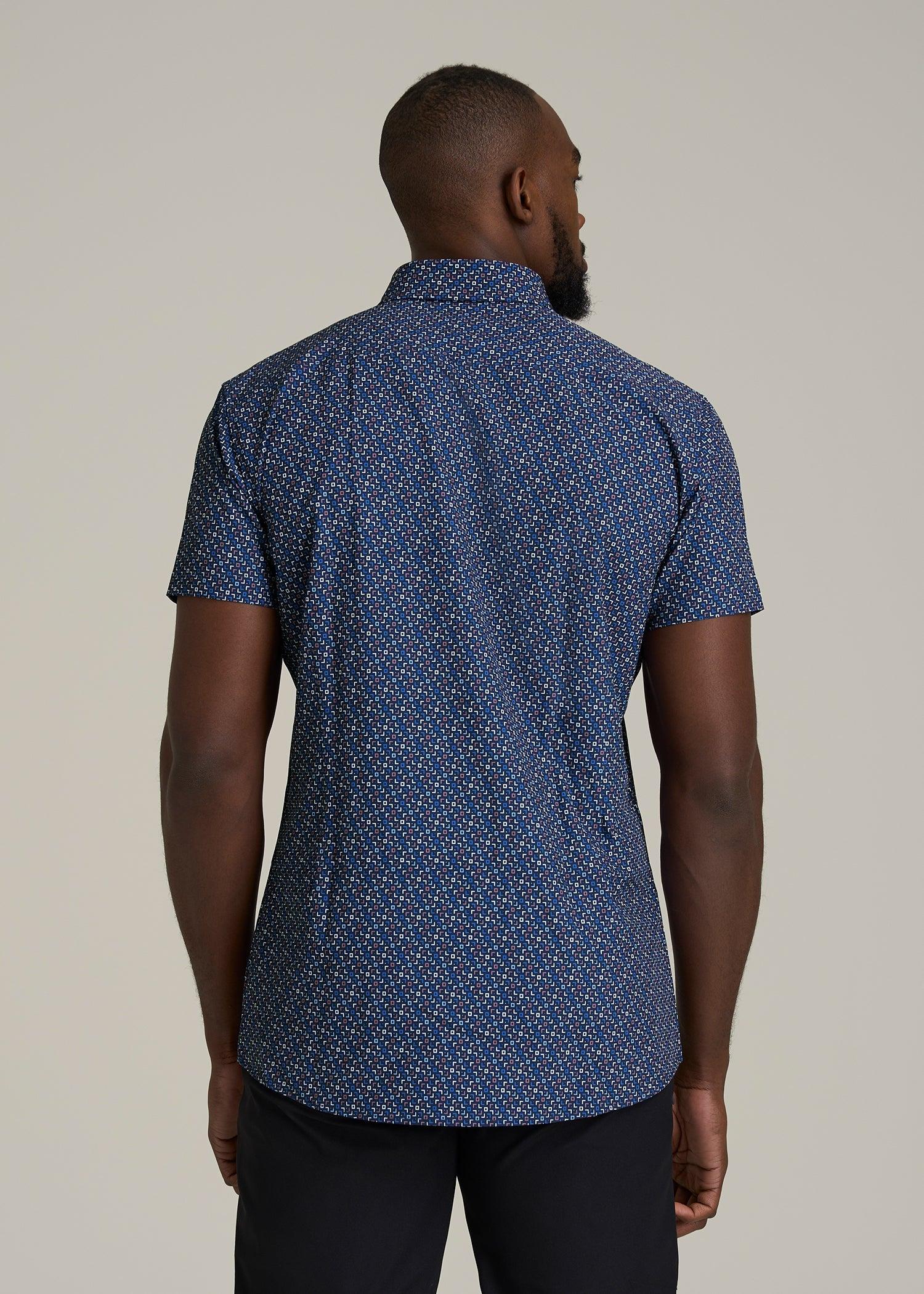 Short Sleeve Traveler Stretch Button Shirt for Tall Men in Blue Fleck Male Product Image
