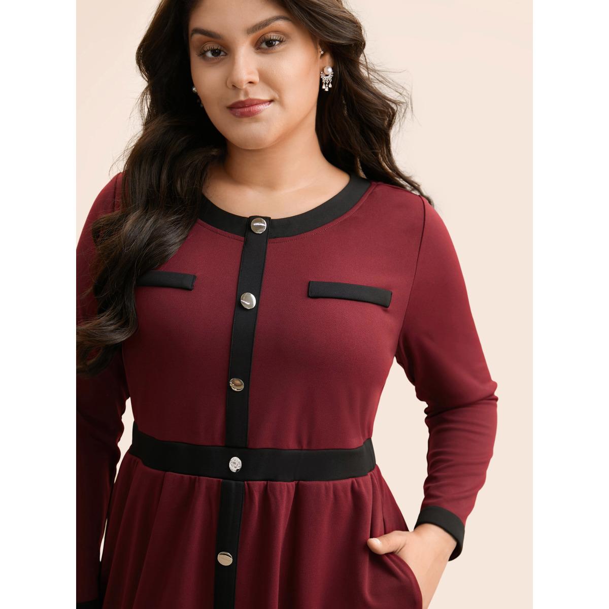 Plus Size Contrast Patchwork Metal Detail Dress Burgundy Women Elegant Contrast Round Neck Long Sleeve Curvy BloomChic 22-24/3X Product Image