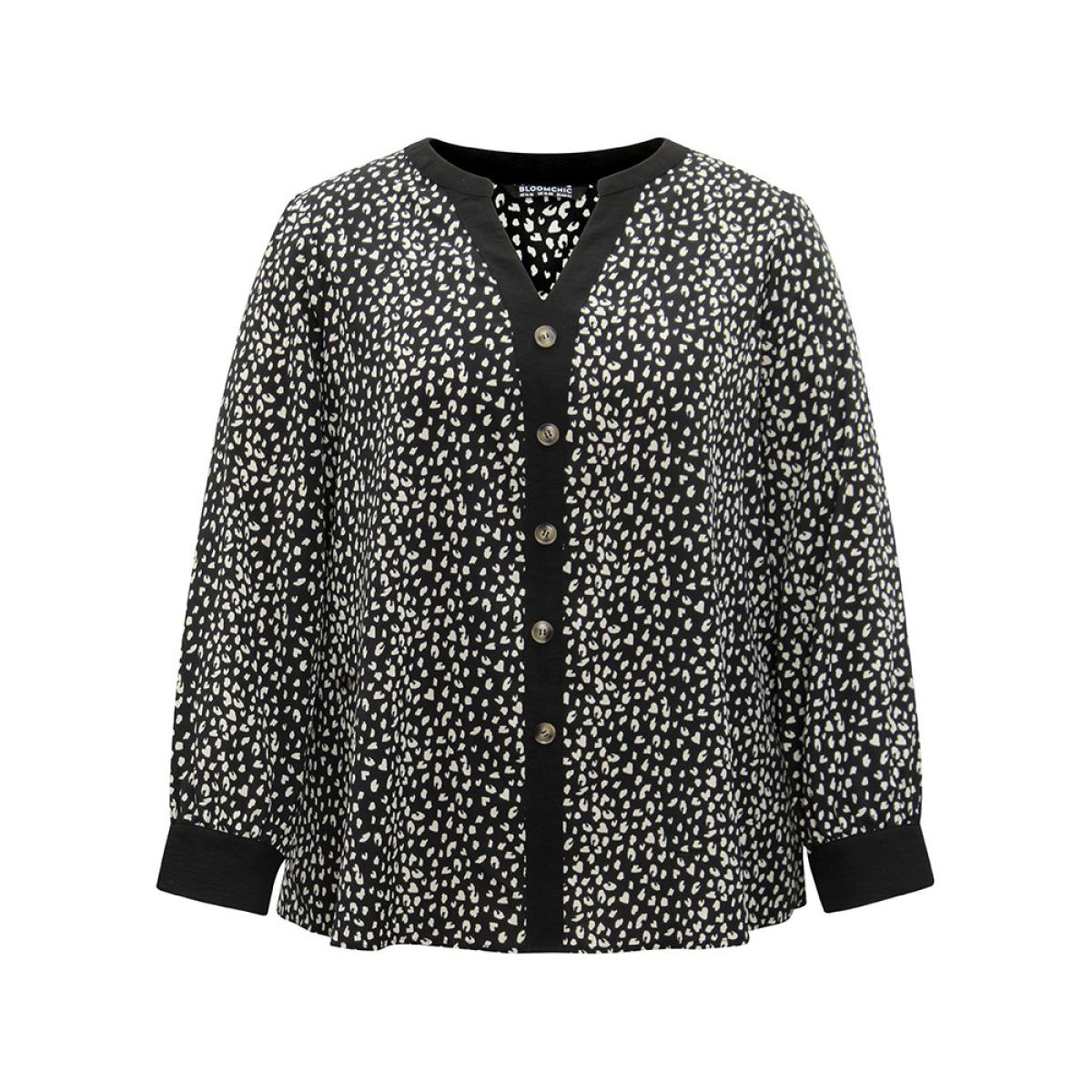 Plus Size Black Leopard Print Button Through Notched Blouse Women Office Long Sleeve V-neck Work Blouses BloomChic 18-20/2X Product Image