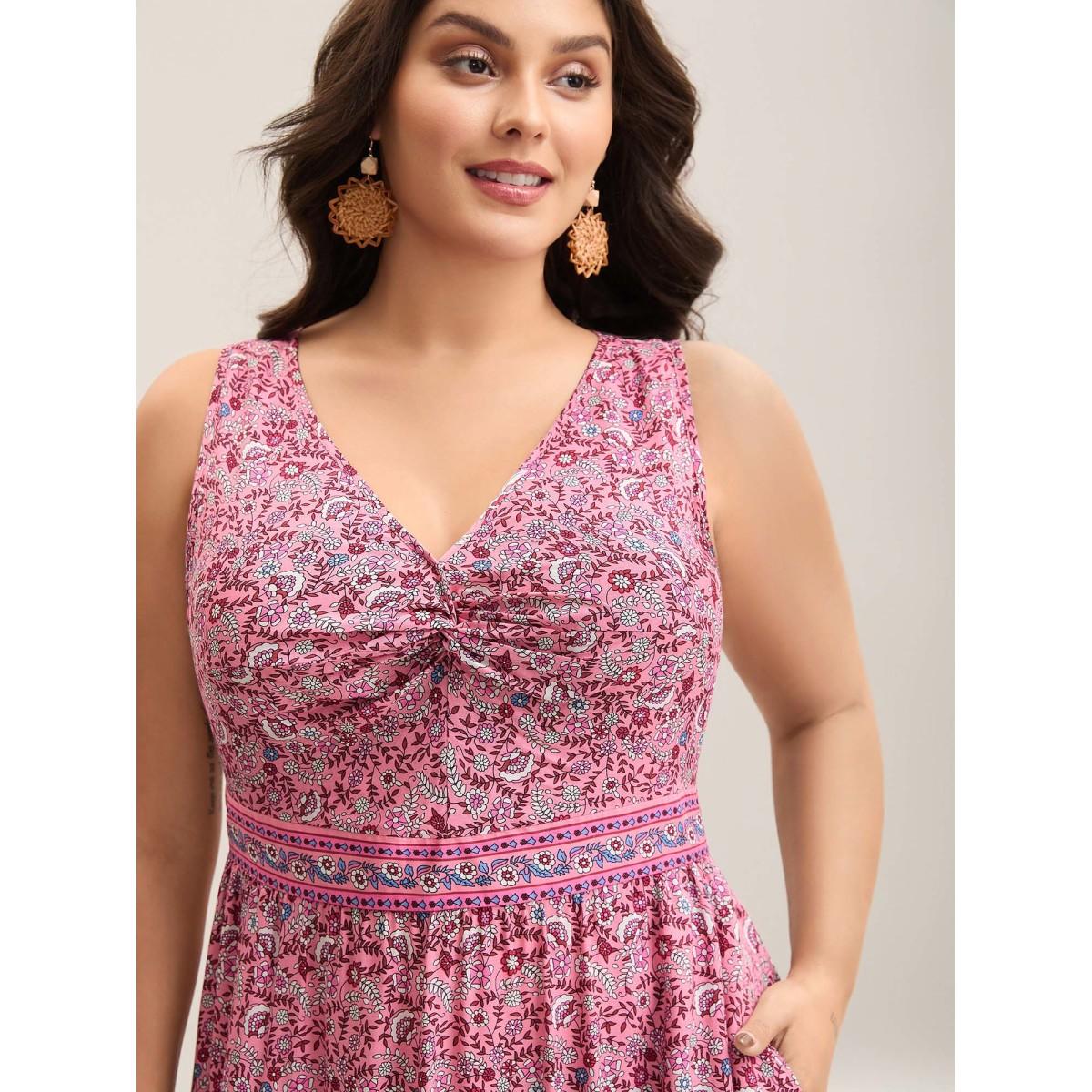 Plus Size Rayon Floral Print Stretchy Waist Maxi Dress DustyPink Women Boho V-neck Sleeveless Curvy BloomChic 10/M Product Image