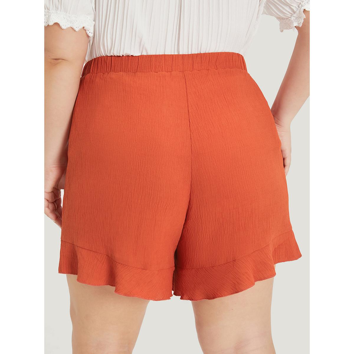 Plus Size Plain Ruffle Hem Pocket Elastic Waist Shorts Women Chocolate Elegant Ruffles Dailywear Shorts BloomChic 10/M Product Image