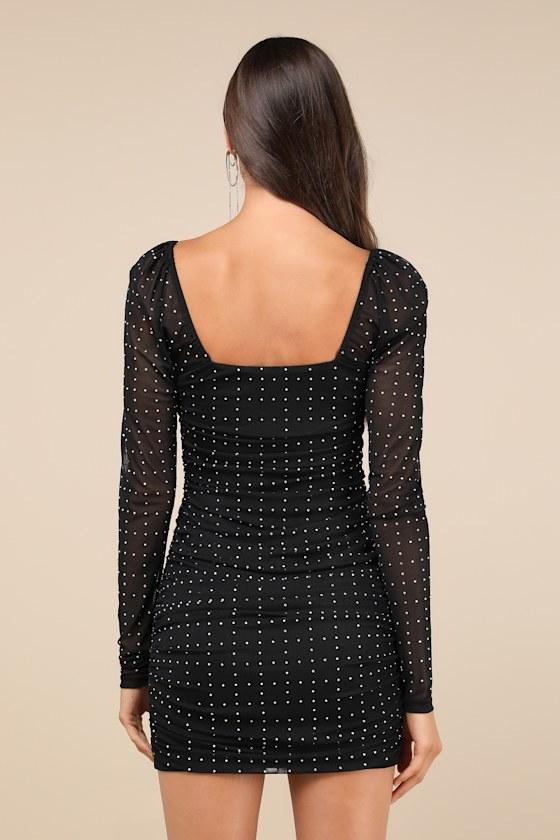 Compelling Radiance Black Mesh Rhinestone Long Sleeve Mini Dress Product Image