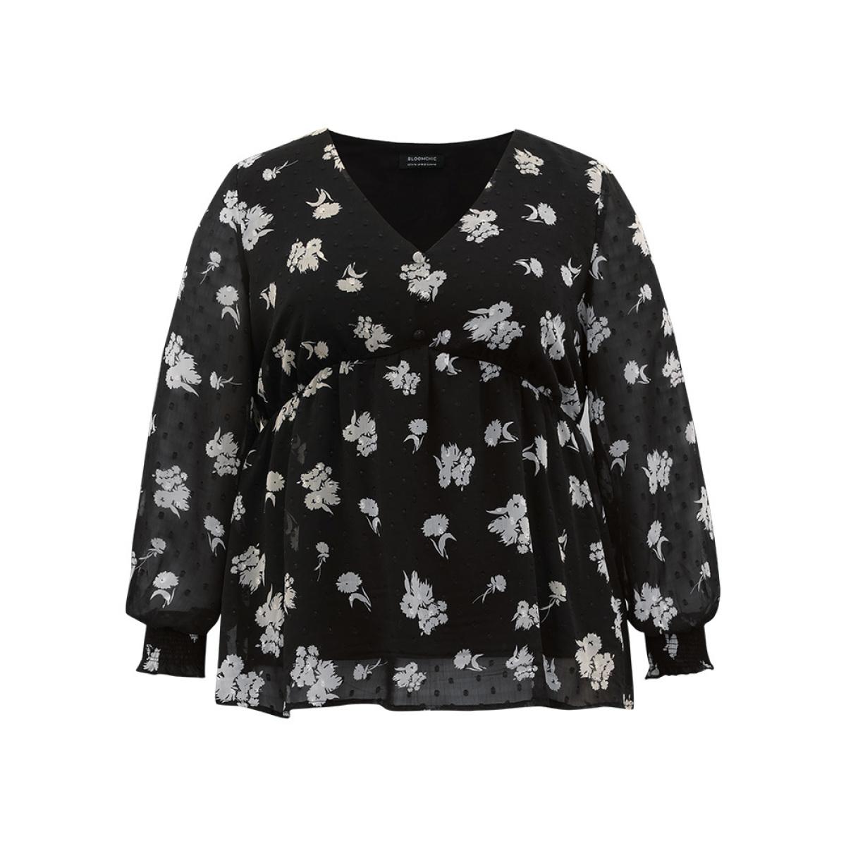 Plus Size BlackFlower Silhouette Floral Print Gathered Shirred Blouse Women Elegant Long Sleeve V-neck Dailywear Blouses BloomChic 26/4X Product Image