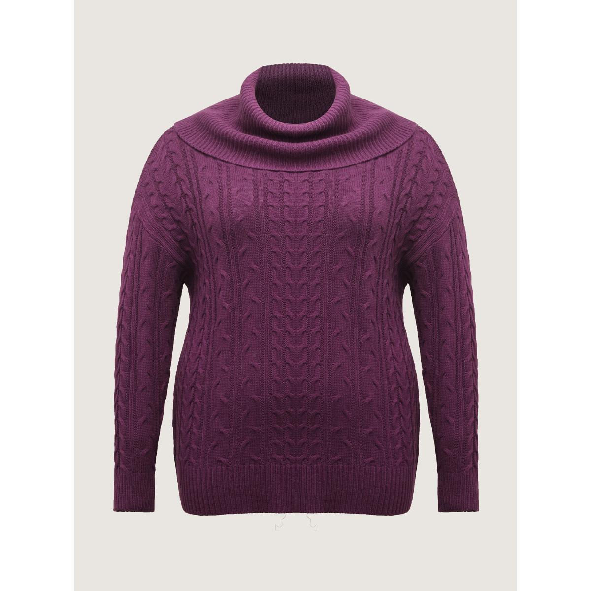 Plus Size Drapey High Turtleneck Cable-Knit Pullover Deeppurplered Women Leisure Loose Long Sleeve Turtleneck Casual Pullovers BloomChic 22-24/3X Product Image