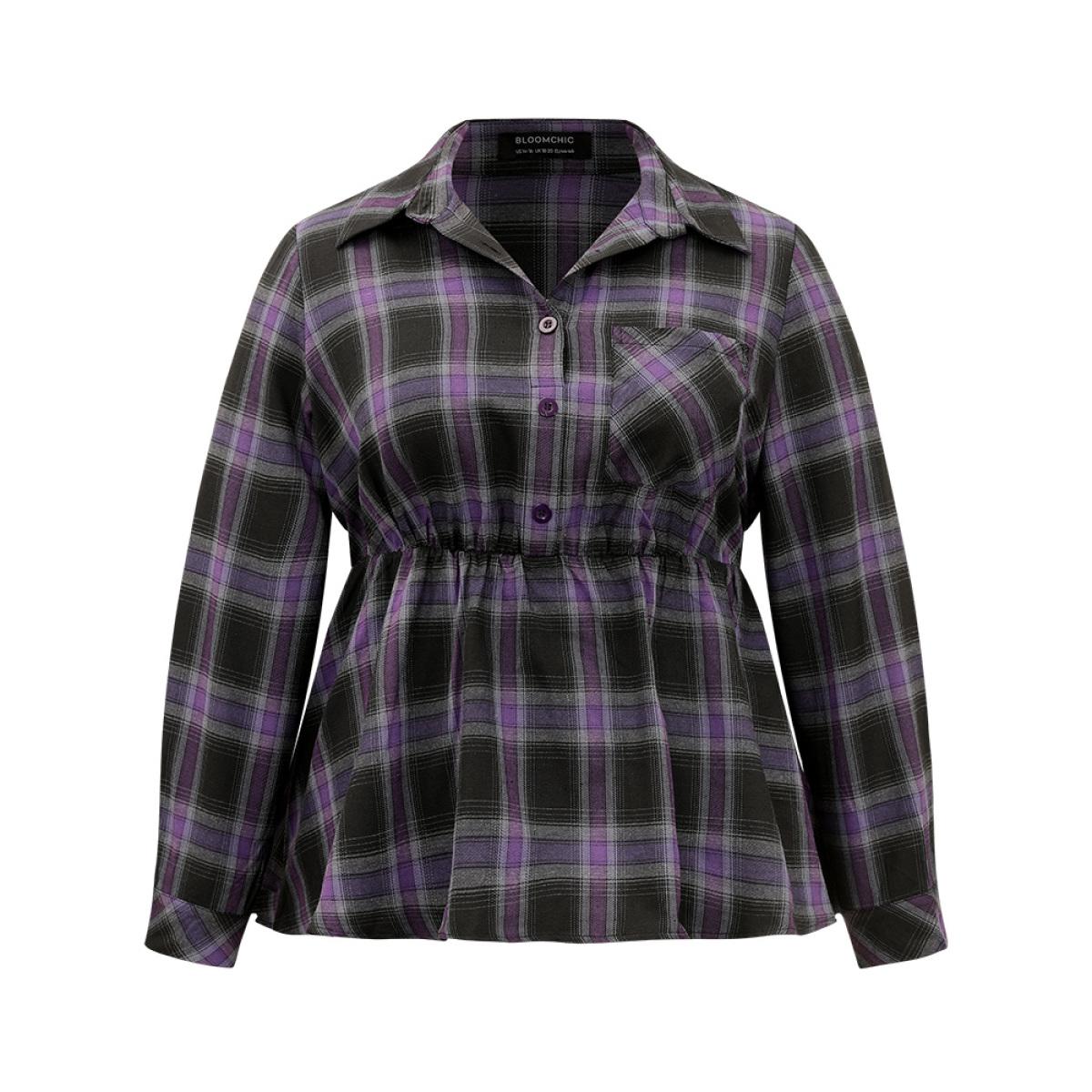 Plus Size Purple Halloween Plaid Shirt Collar Button Up Pocket Blouse Women Elegant Long Sleeve Shirt collar Dailywear Blouses BloomChic 14-16/1X Product Image