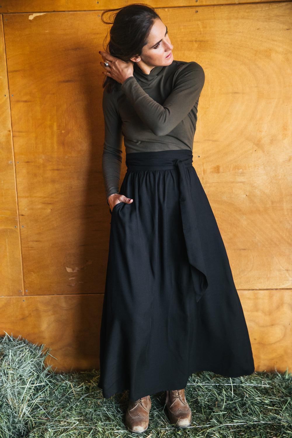 Maxi Wrap Skirt in Black Challis Product Image