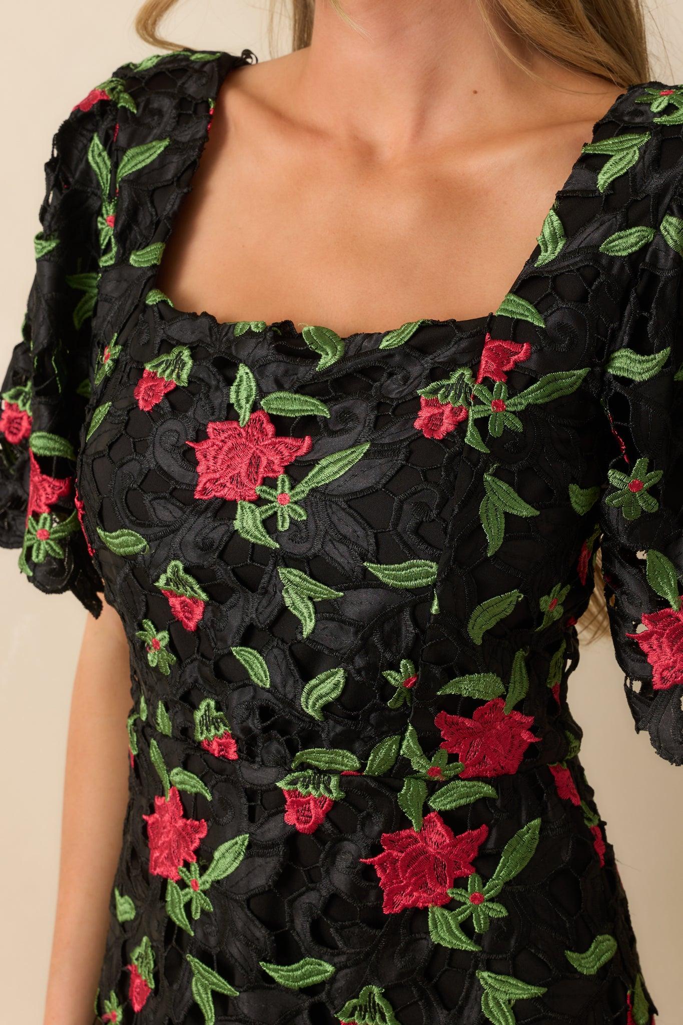 Rosebud Dreams Black Lace Embroidered Mini Dress Product Image