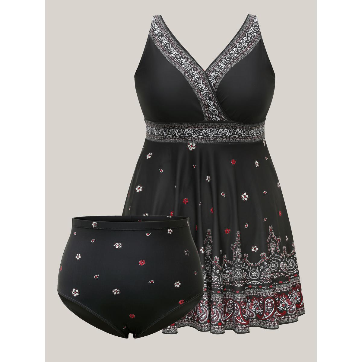 Plus Size Boho Print Surplice Neck Swim Skirt Women's Swimwear Black Resort Bodycon Overlap Collar High stretch Curve Swim Dresses BloomChic 14-16/1X Product Image