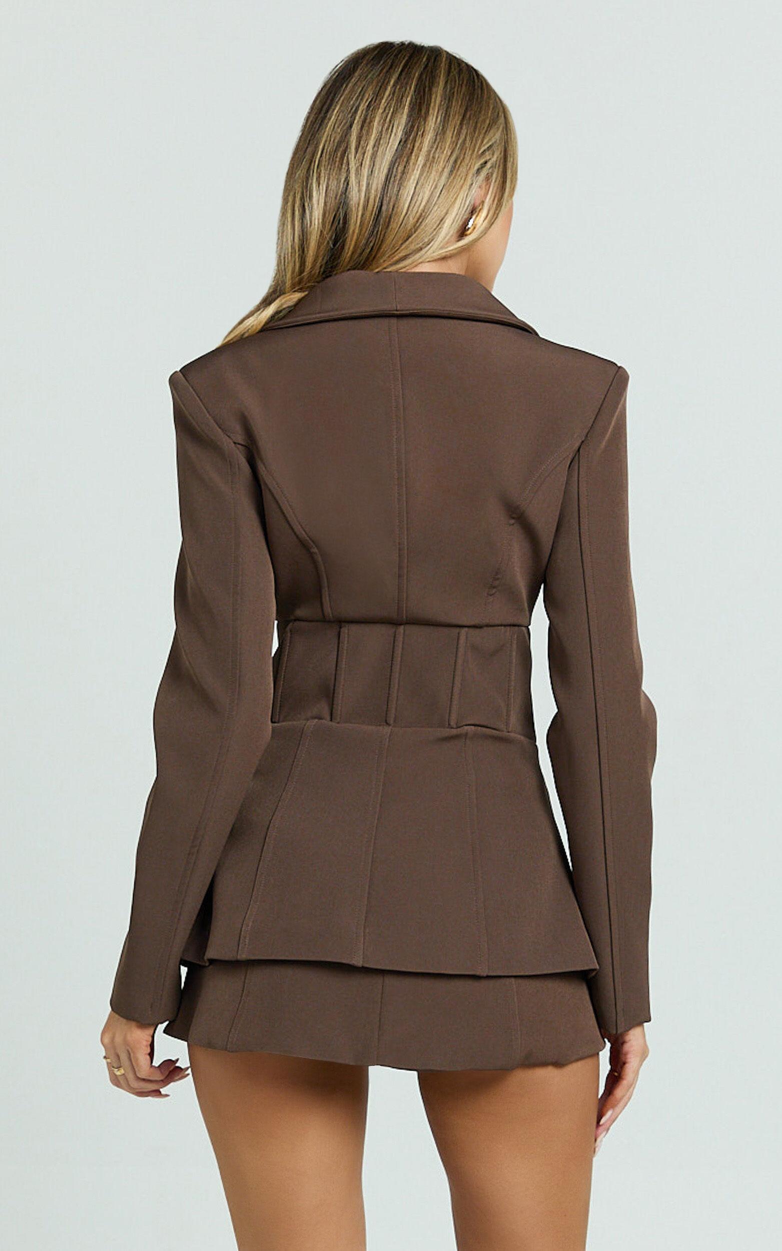 Larah Jacket - Shawl Collar Hook And Eye Fitted Blazer in Chocolate Product Image
