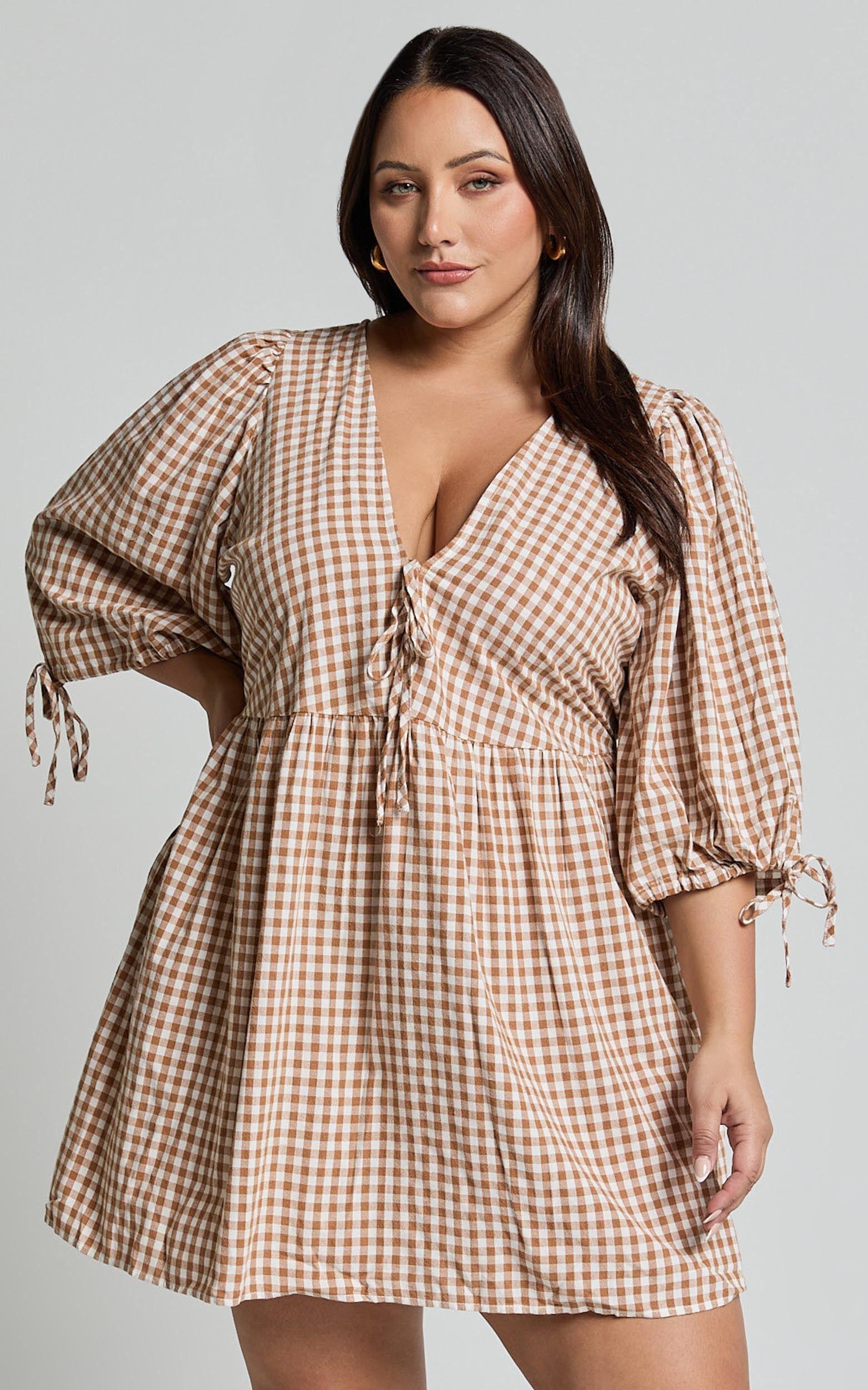 Rosita Mini Dress - Tie Front Puff Sleeve Dress in Caramel & White Gingham Product Image
