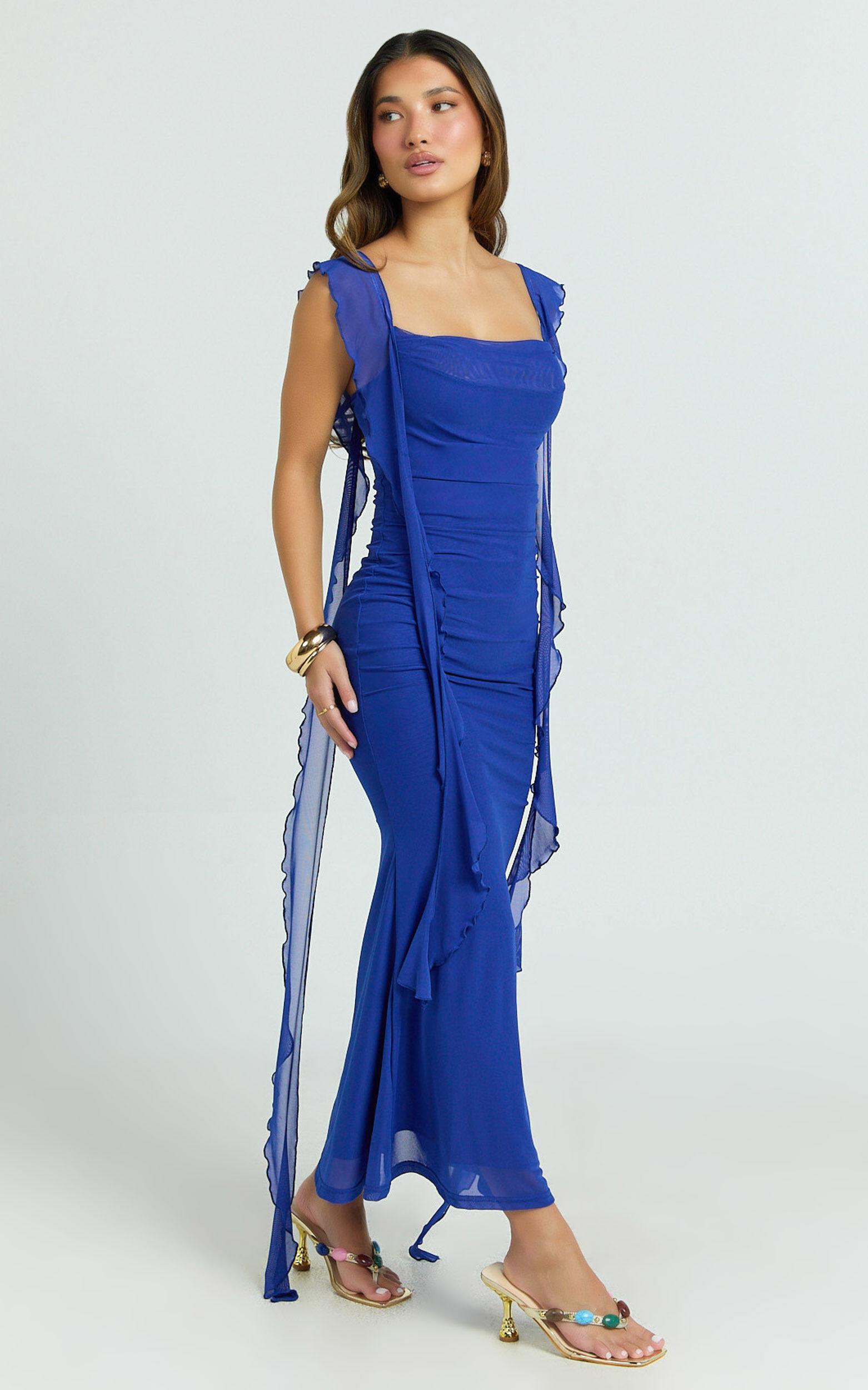 Rosha Midi Dress - Ruffle Strap Dress in Electric Blue Product Image