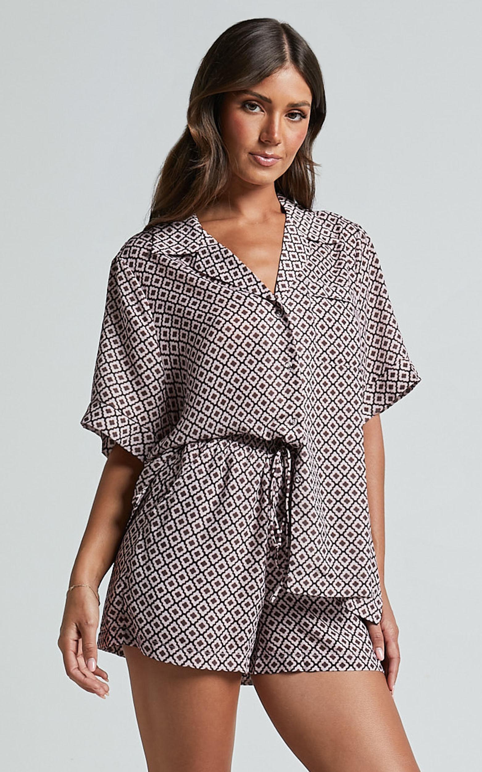 Brunita Shorts - High Waisted Tie Shorts in Moroccan Geo print Product Image