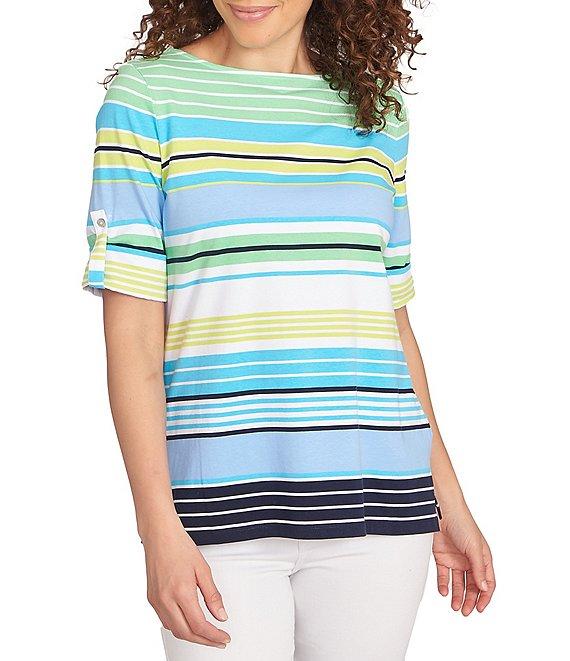 Ruby Rd. Knit Multi Stripe Boat Neck Short Roll-Tab Sleeve Top Product Image