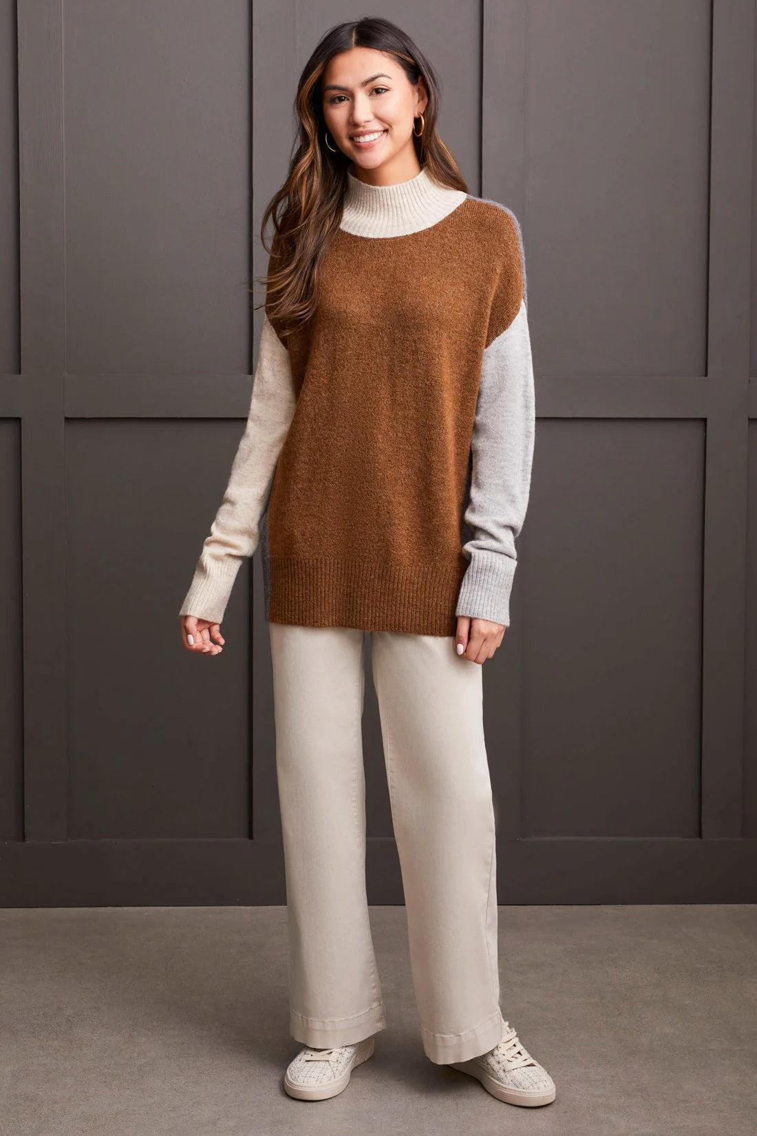 Mock Neck Colorblock Sweater- Heathered Walnut Product Image