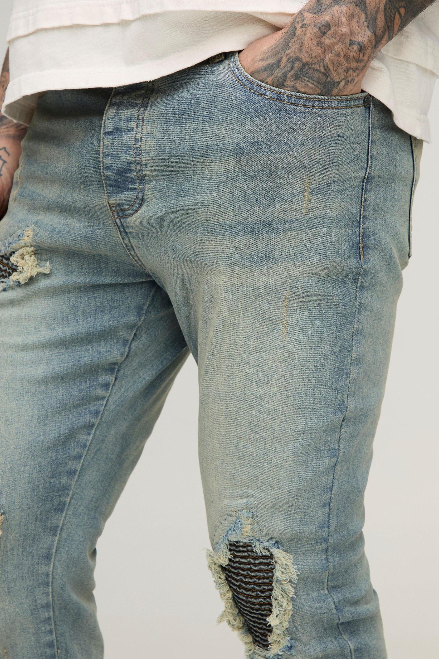 Tall Biker Rip & Repair Stonewash Zip Hem Skinny Jeans | boohooMAN USA Product Image
