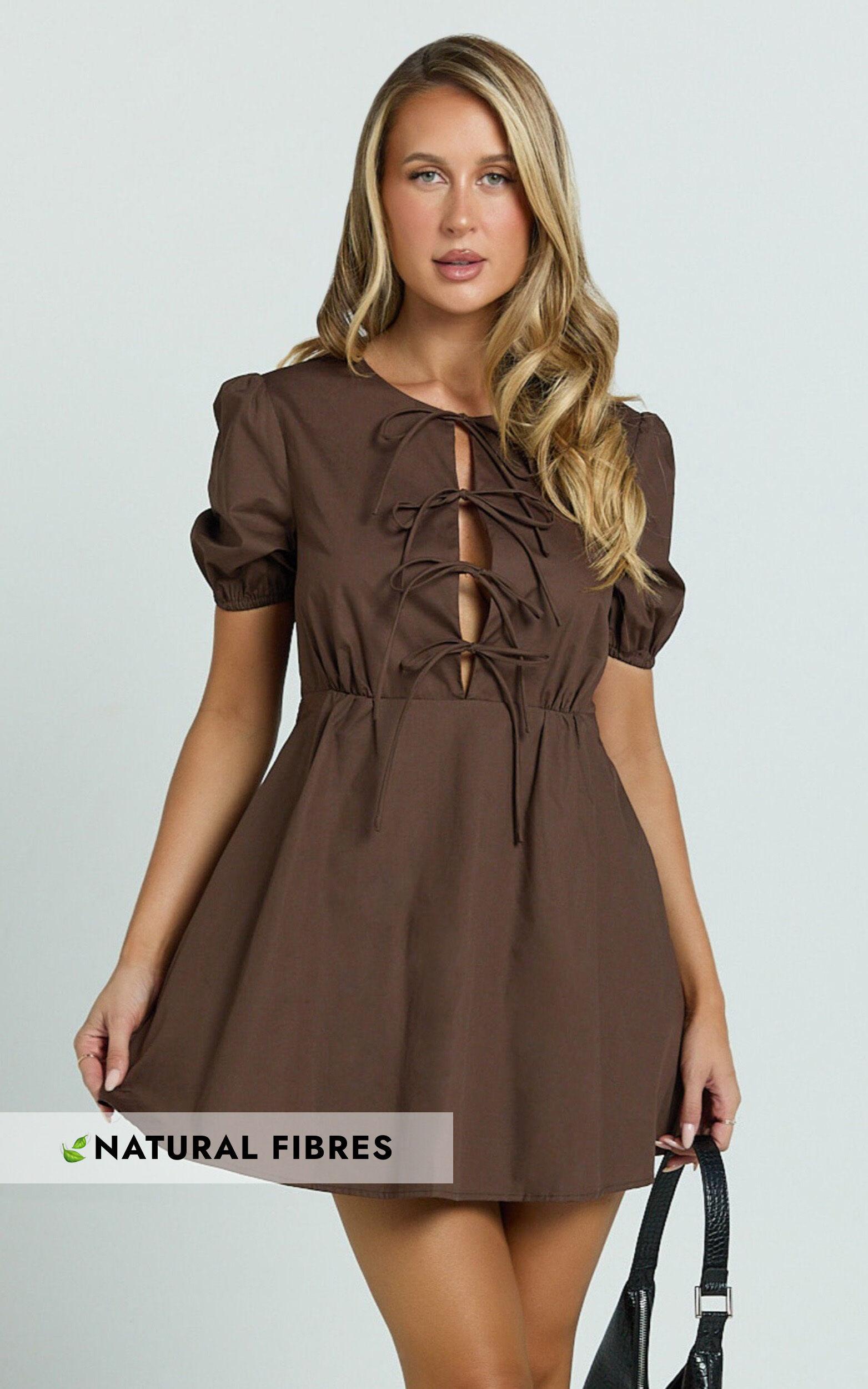 Hattie Mini Dress - Tie Front Puff Sleeve Dress in Chocolate Product Image