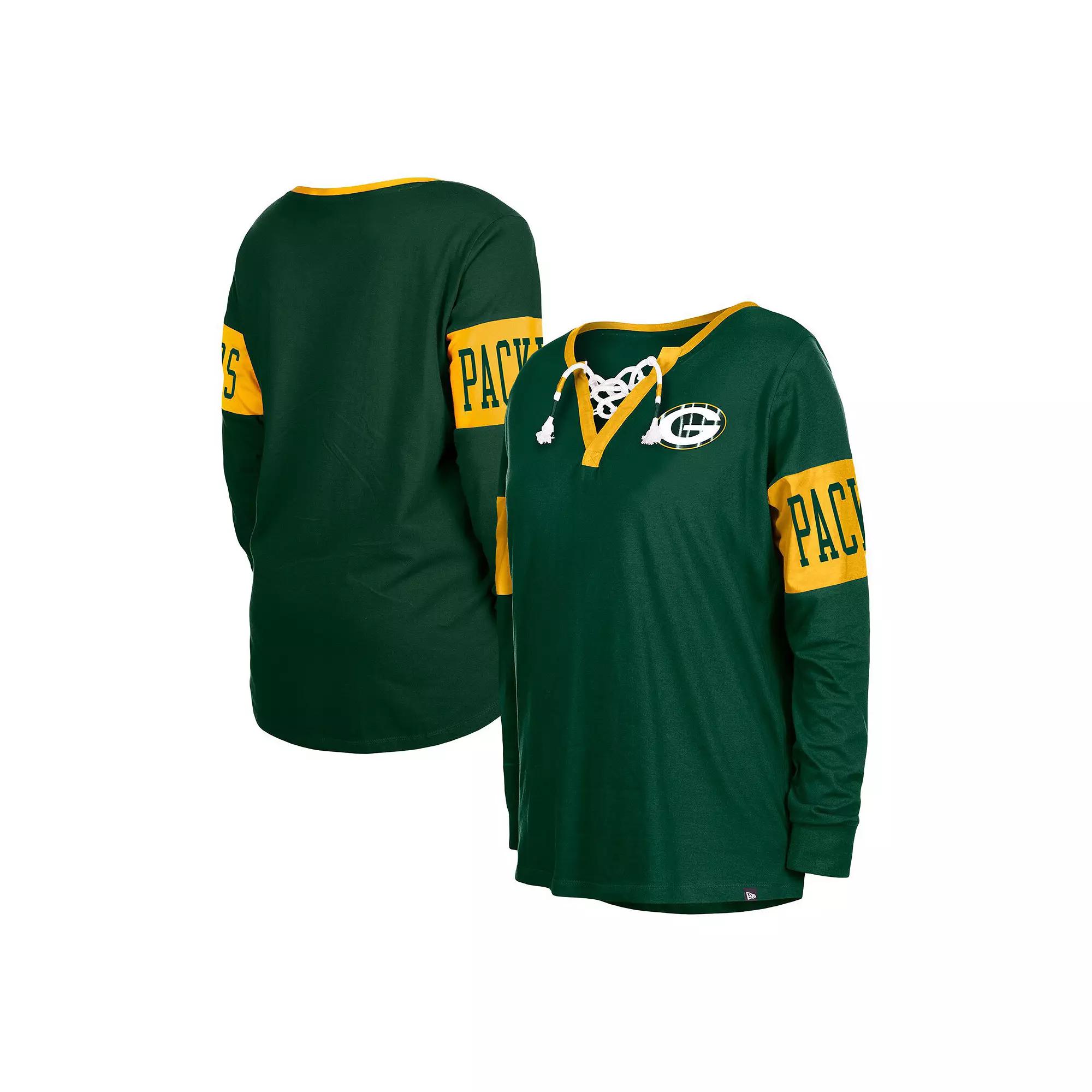 Women's New Era Green Green Bay Packers Lace-Up Notch Neck Long Sleeve T-Shirt,  Product Image