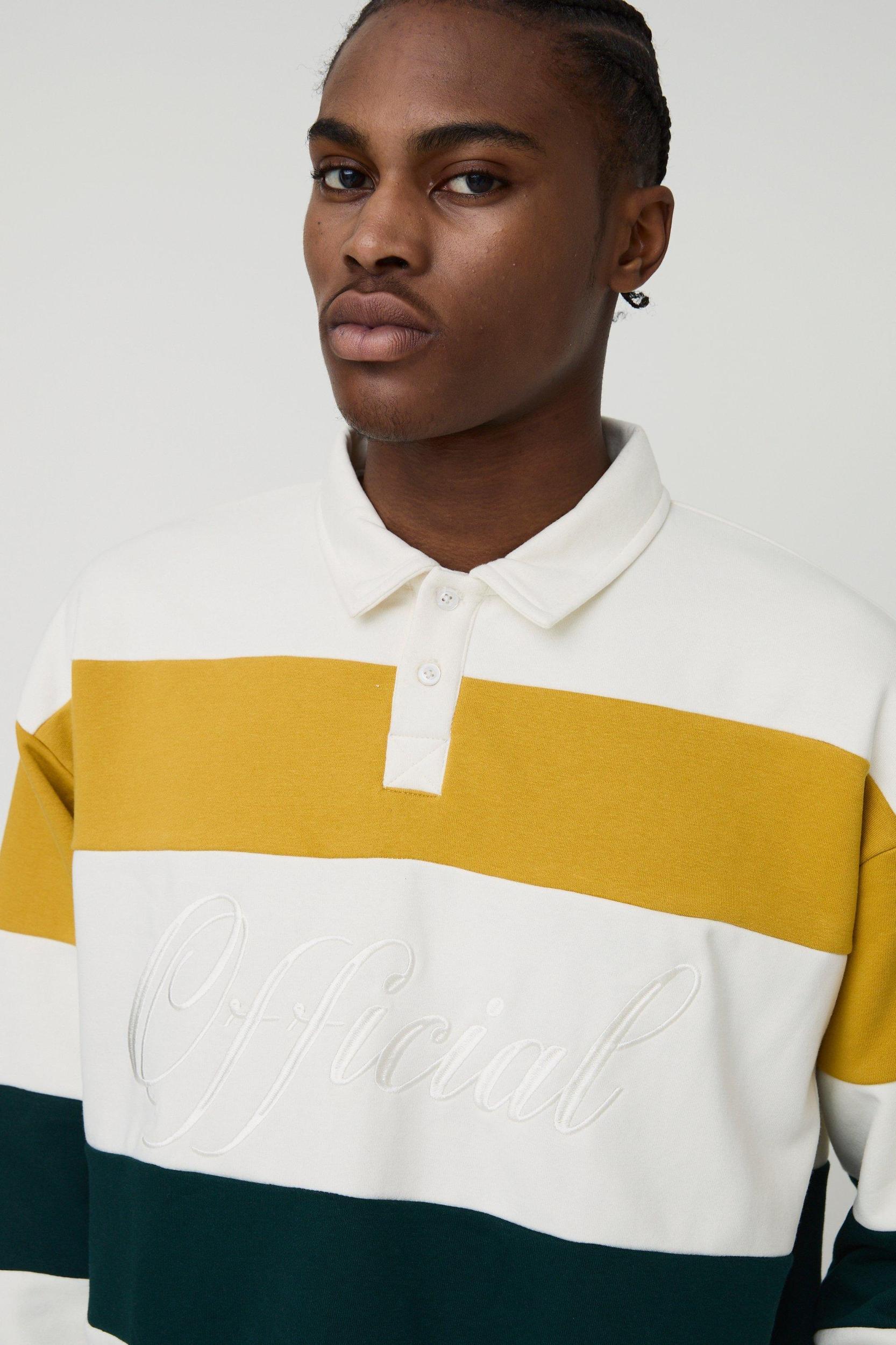 Oversized Boxy Stripe Embroidered Rugby Polo Sweatshirt | boohooMAN USA Product Image