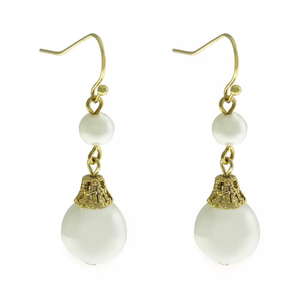 1928 Gold Tone Double Simulated Pearl Drop Earrings, Women's, White Product Image