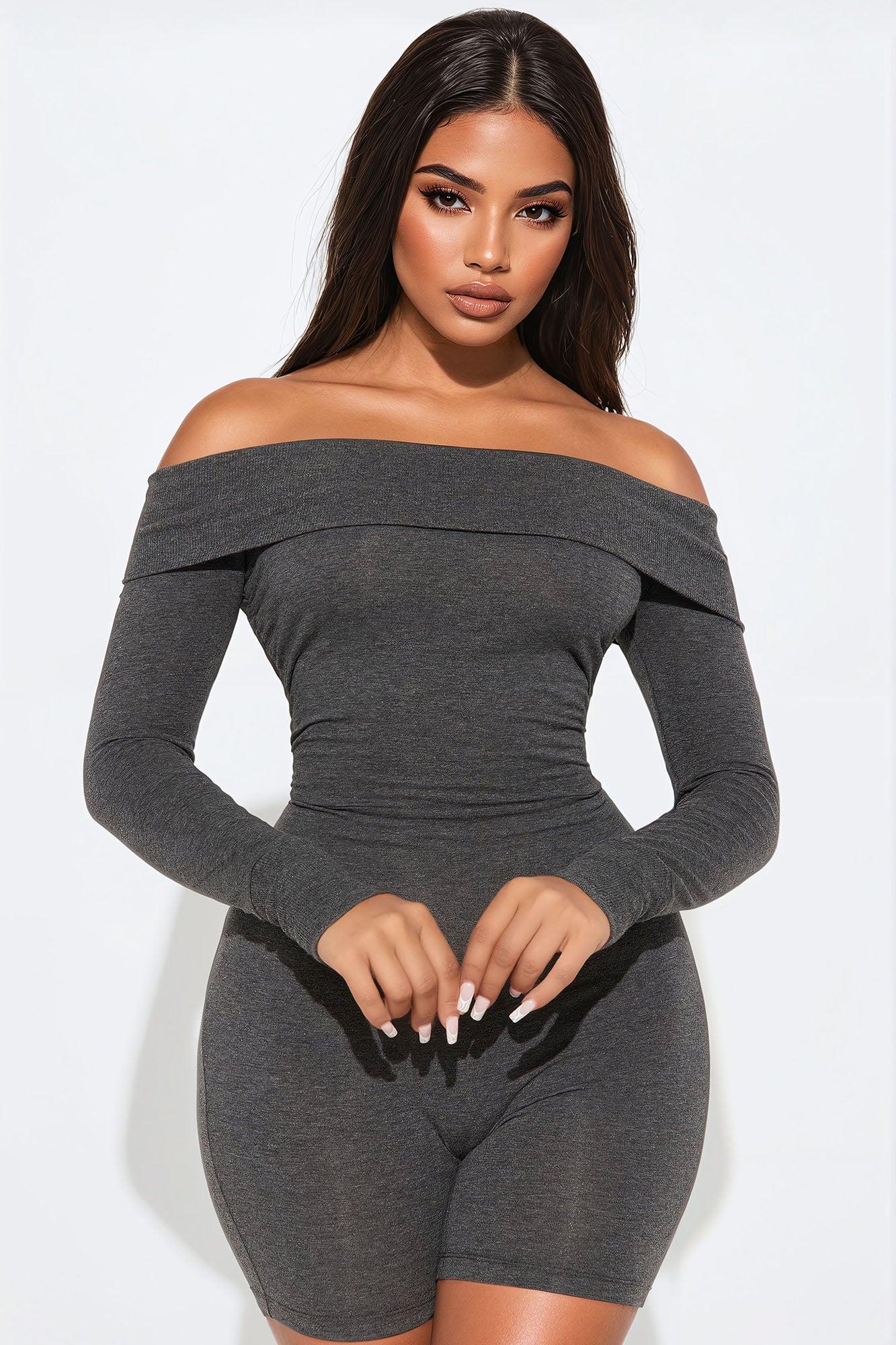 Olivia Off Shoulder Romper - Charcoal Product Image