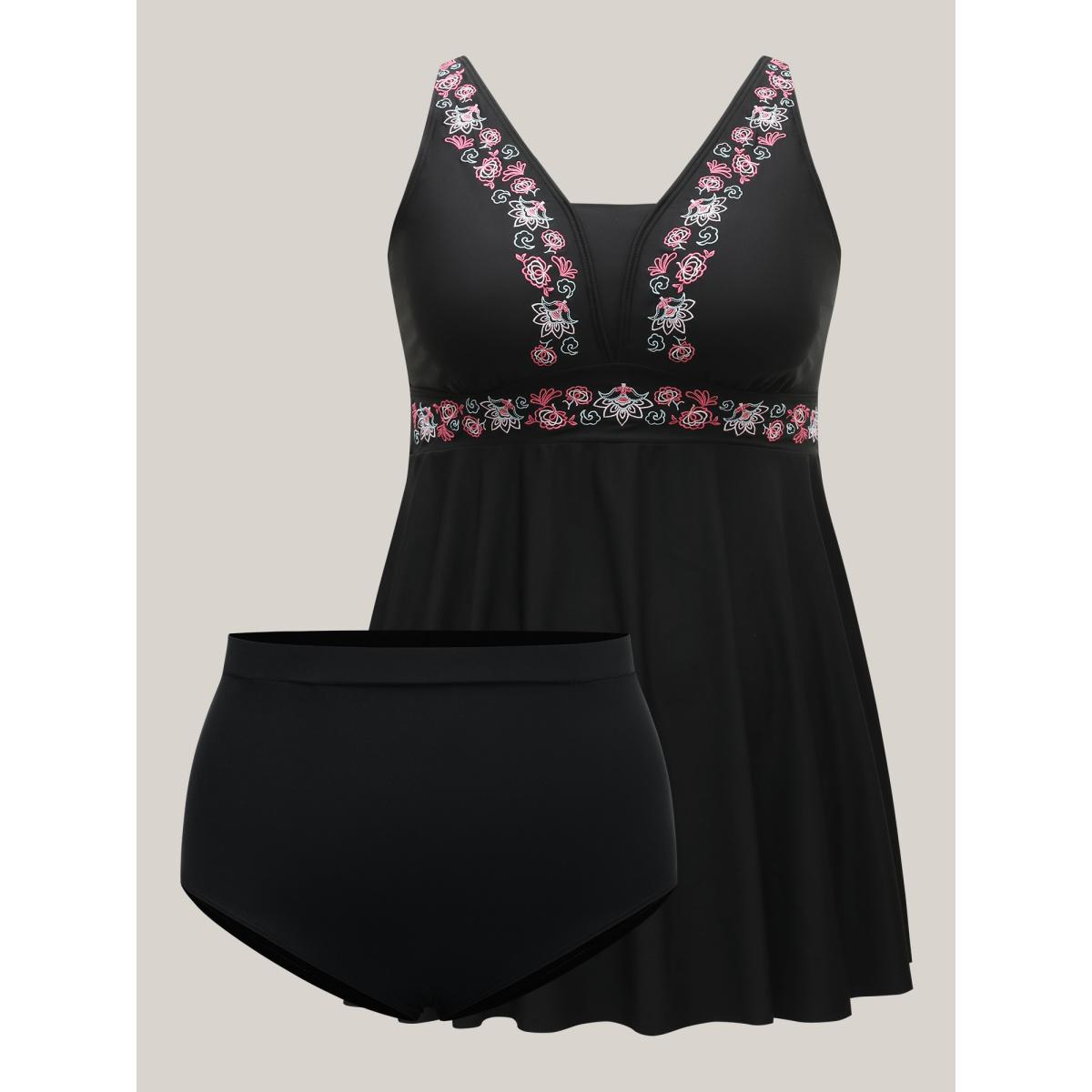 Plus Size Embroidered V-Neck Swim Dress Women's Swimwear Black Resort Bodycon V-neck High stretch Curve Swim Dresses BloomChic 26/4X Product Image