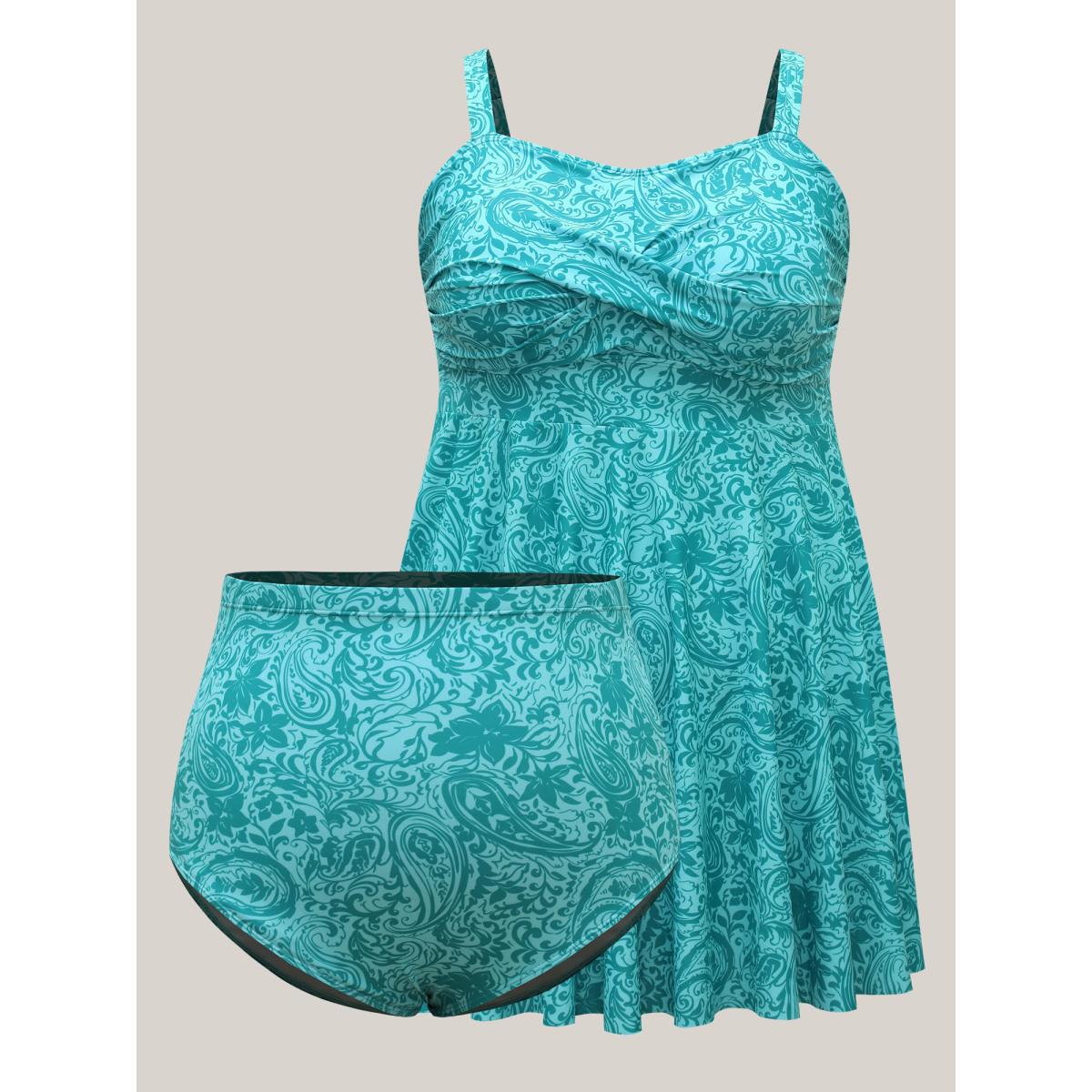 Plus Size Paisley Print Twist Front Swim Dress Women's Swimwear Turquoise Resort Bodycon U-neck High stretch Curve Swim Dresses BloomChic 10/M Product Image