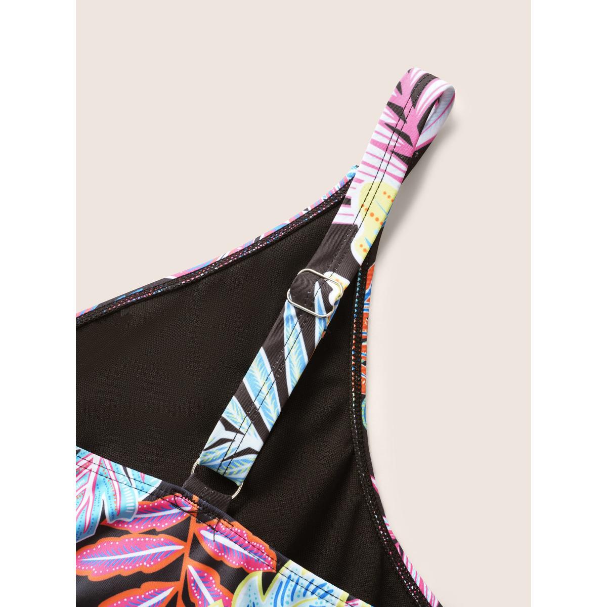 Plus Size Tropical Print Overlap Collar Hanky Hem Swim Dress Women's Swimwear Black Beach Bodycon Overlap Collar High stretch Curve Swim Dresses BloomChic 18-20/2X Product Image