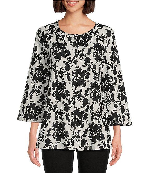Slim Factor by Investments Abstract Splatter Print Crew Neck 3/4 Sleeve Top Product Image