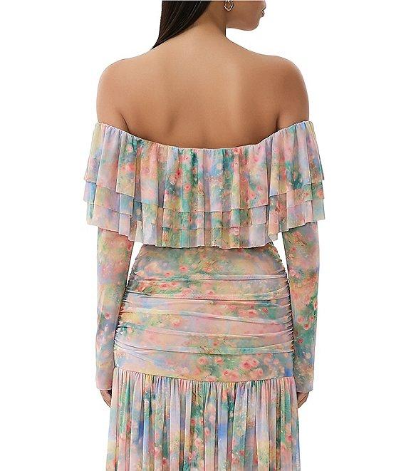 AFRM Alma Printed Mesh Knit One Shoulder Neck Long Sleeve Ruffle Coordinating Top Product Image