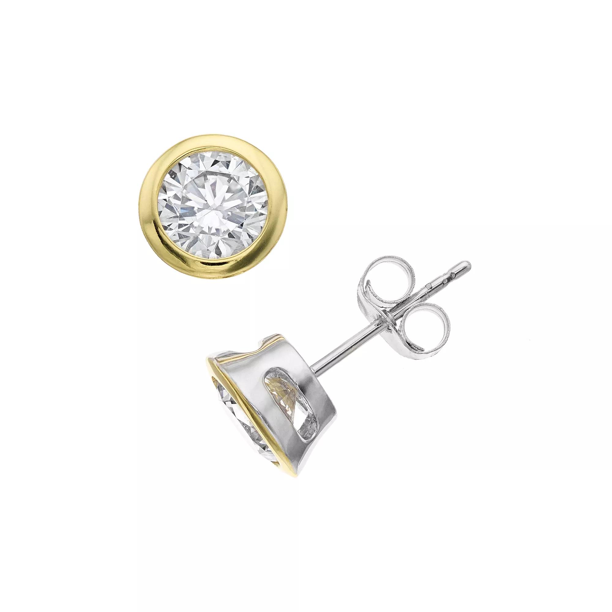 Two Tone Sterling Silver Cubic Zirconia Stud Earrings, Womens Product Image