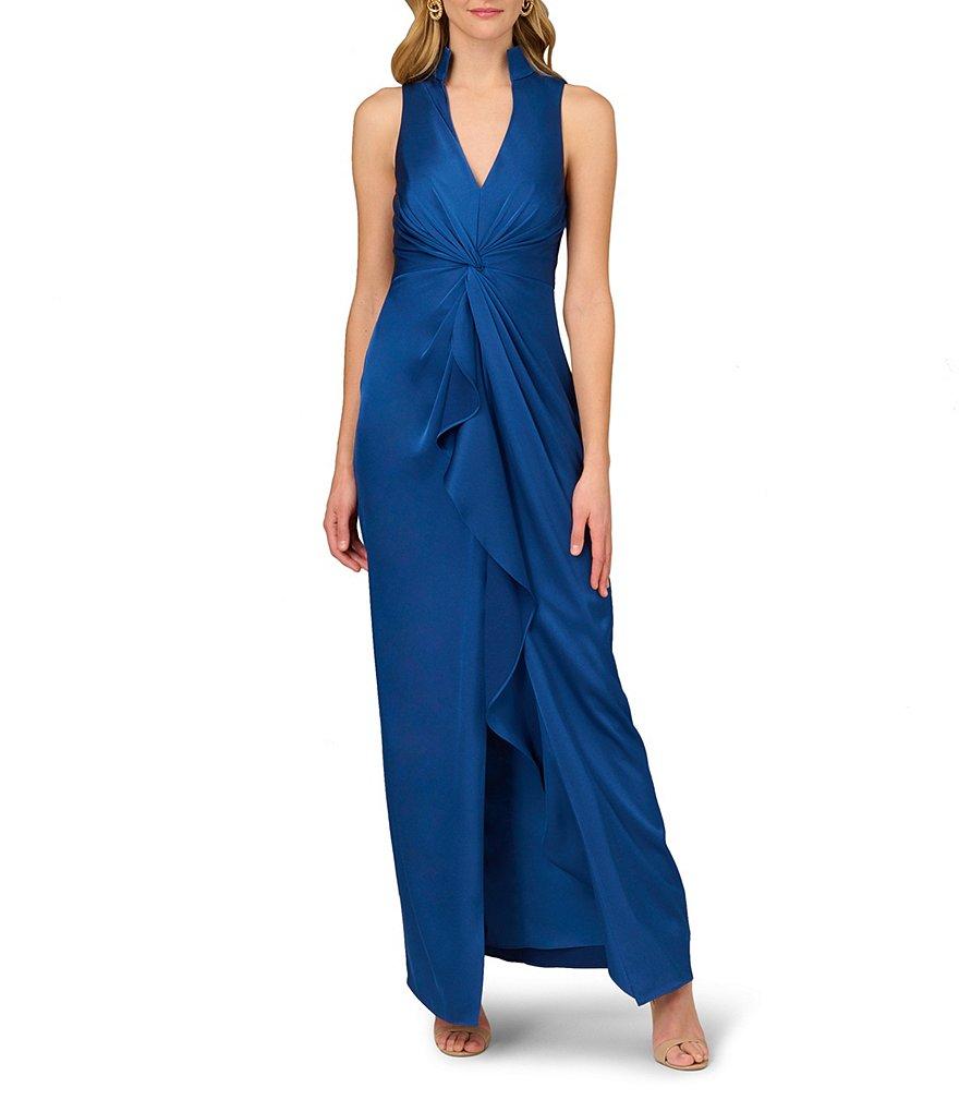 Aidan Mattox Satin V-Neck Twist Front with Cascading Ruffle Gown Product Image
