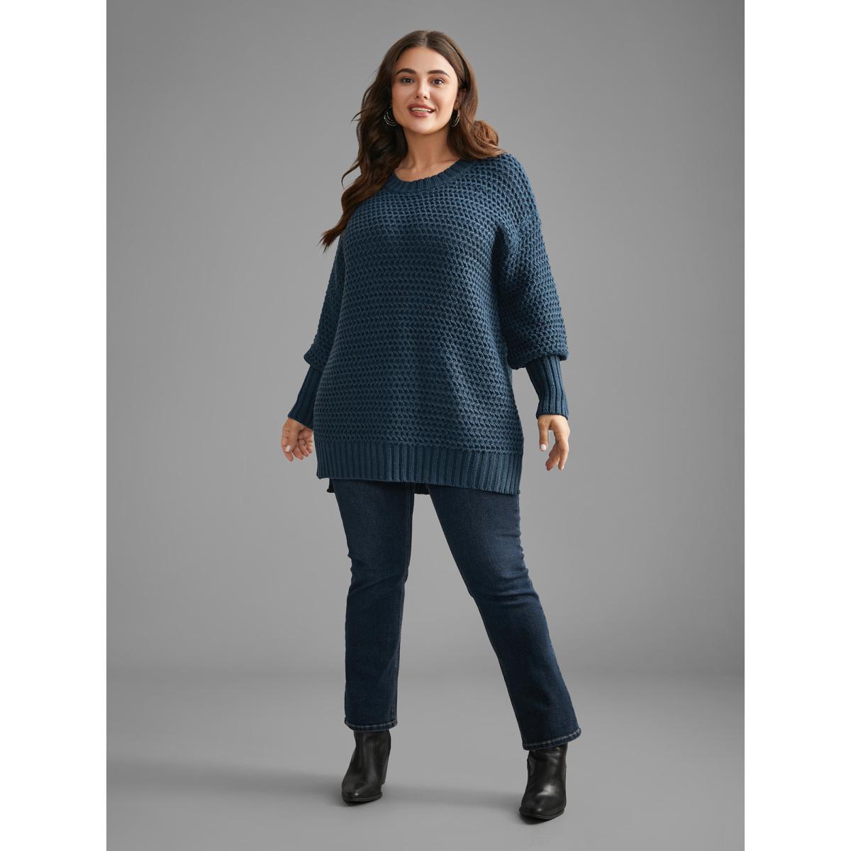 Plus Size Texture Drop Shoulder Split Hem Pullover Cyan Women Casual Loose Long Sleeve Round Neck Everyday Pullovers BloomChic 18-20/2X Product Image