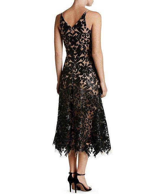 Dress the Population Blair Sequin Embroidered Mesh V-Neck Sleeveless A-Line Midi Dress Product Image