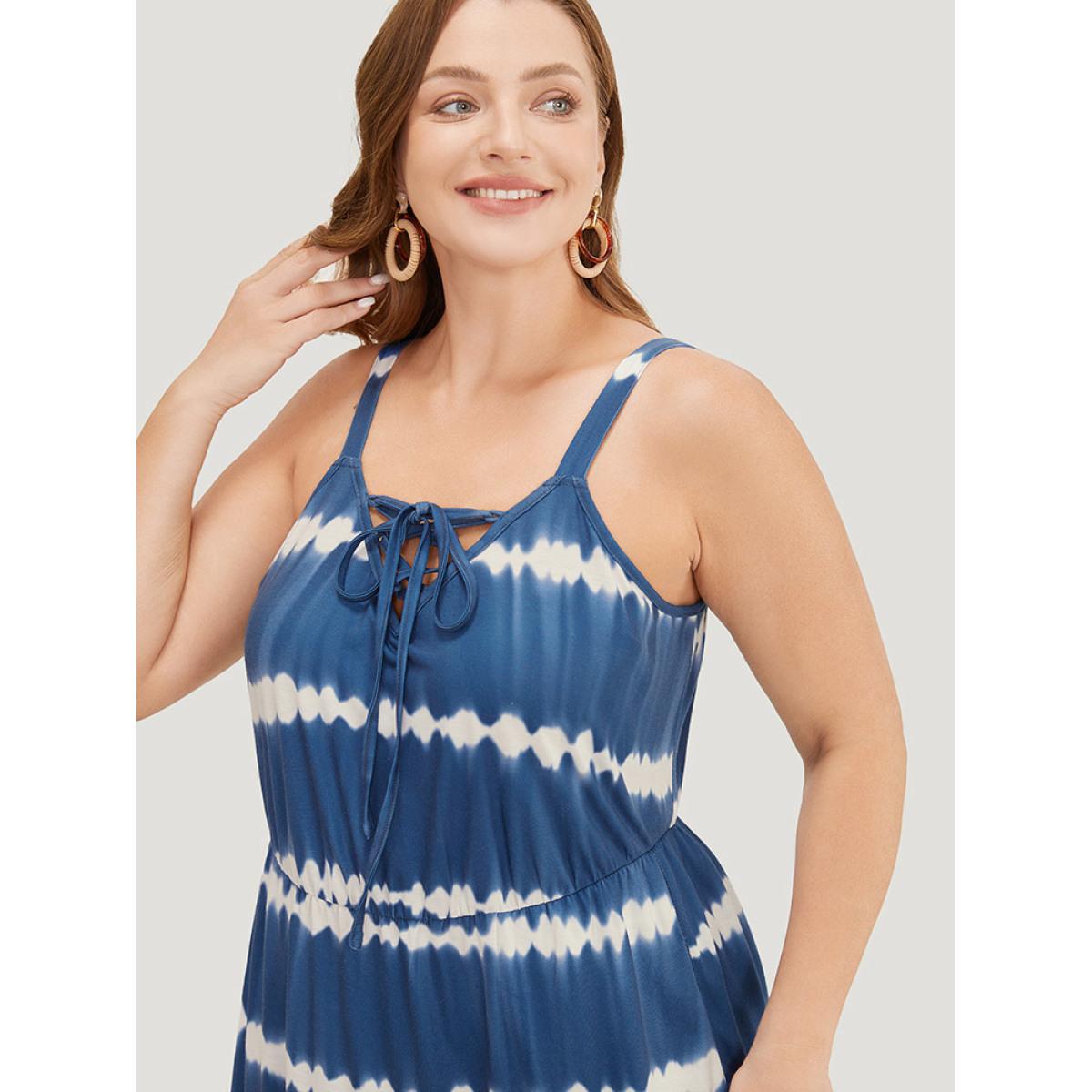 Plus Size Tie Dye Lace Up Pocket Striped Cami Dress Indigo Women Vacation Adjustable Straps Spaghetti Strap Sleeveless Curvy Midi Dress BloomChic 12/L Product Image