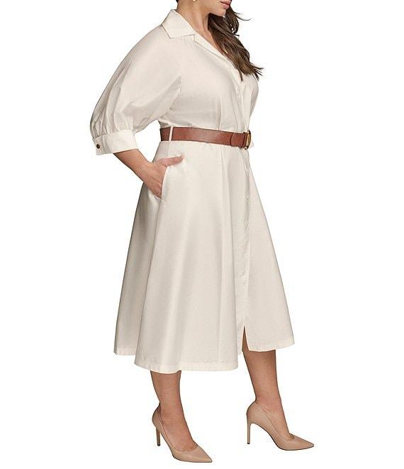 Donna Karan Plus Size Cotton Sateen Collared Neck Short Sleeve Belted Midi Shirt Dress Product Image