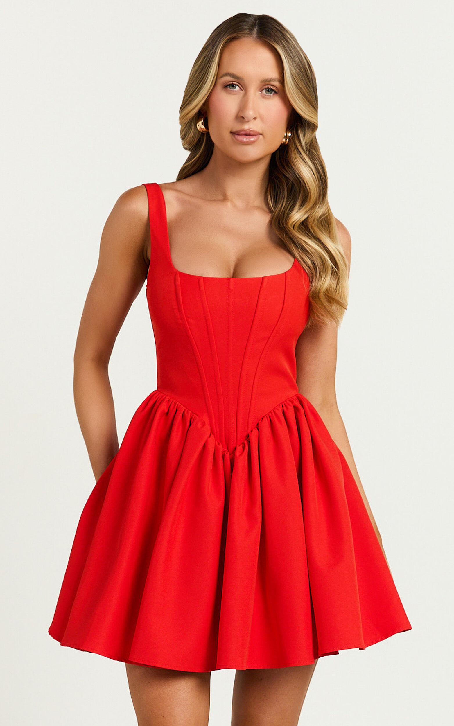 Aimee Mini Dress - Scoop Neck Corset Gathered Dress in Red Product Image