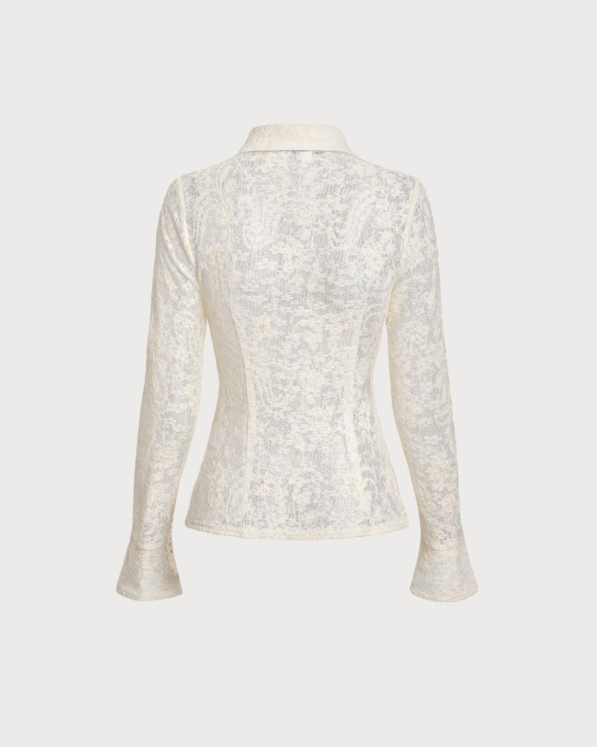 White Jacquard Bell Sleeve Button Blouse Product Image