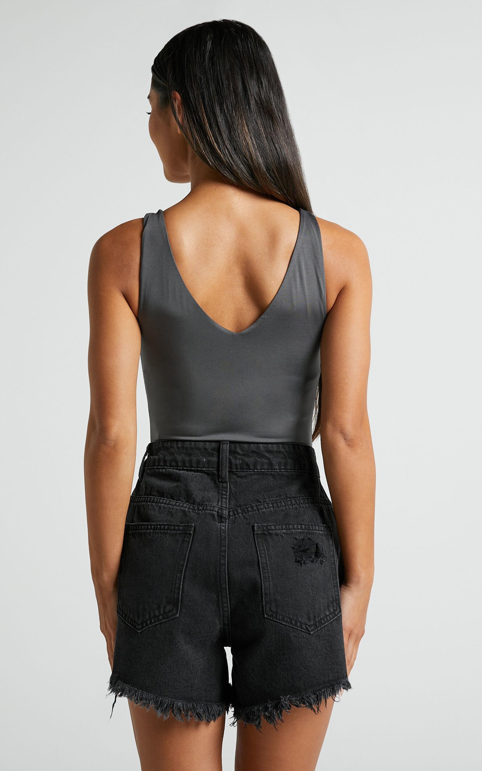 Mindae Shorts - Recycled Cotton Ripped Denim Shorts in Washed Black Product Image